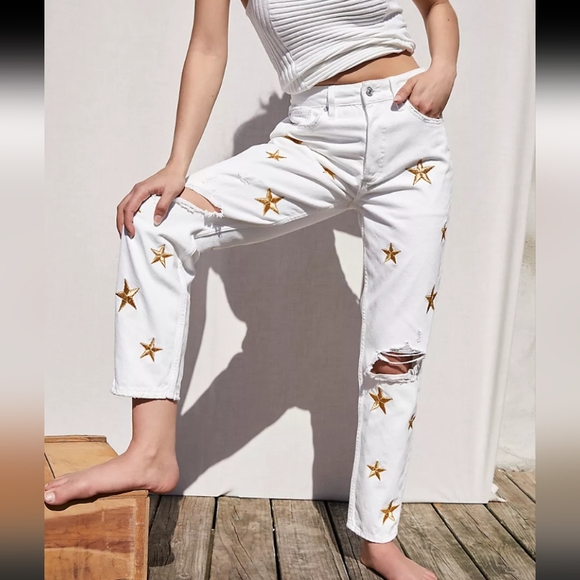 Free People Denim - Free People Fast Times Star Embroidered Mom Jeans